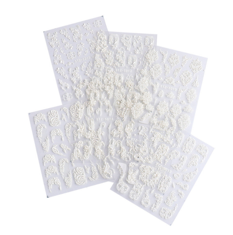 Pure White 5D Embossed Rose Flowers Butterfly Nail Stickers Adhesive Manicure