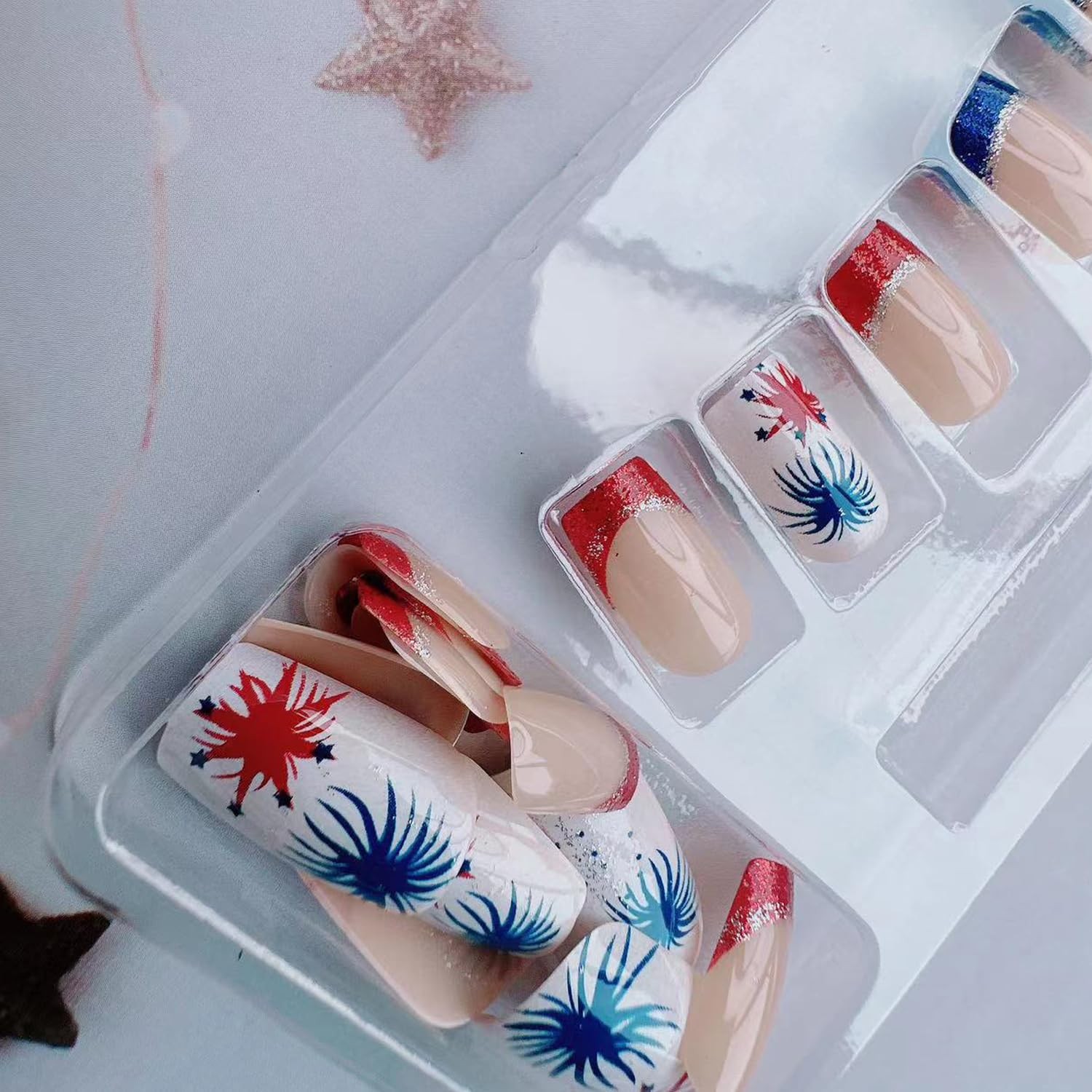 24Pcs Independence Day Fake Nails Kit – Short Square Press on Nails 4th of Ju…