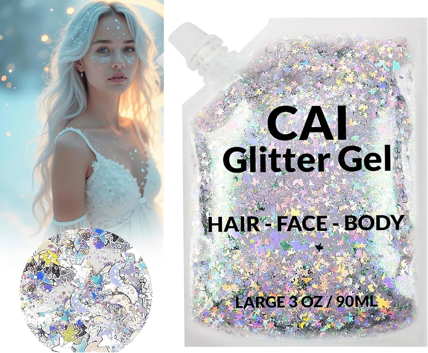 Long-Lasting Holographic Glitter Gel – Non-Toxic Body & Hair Makeup, 3 Oz