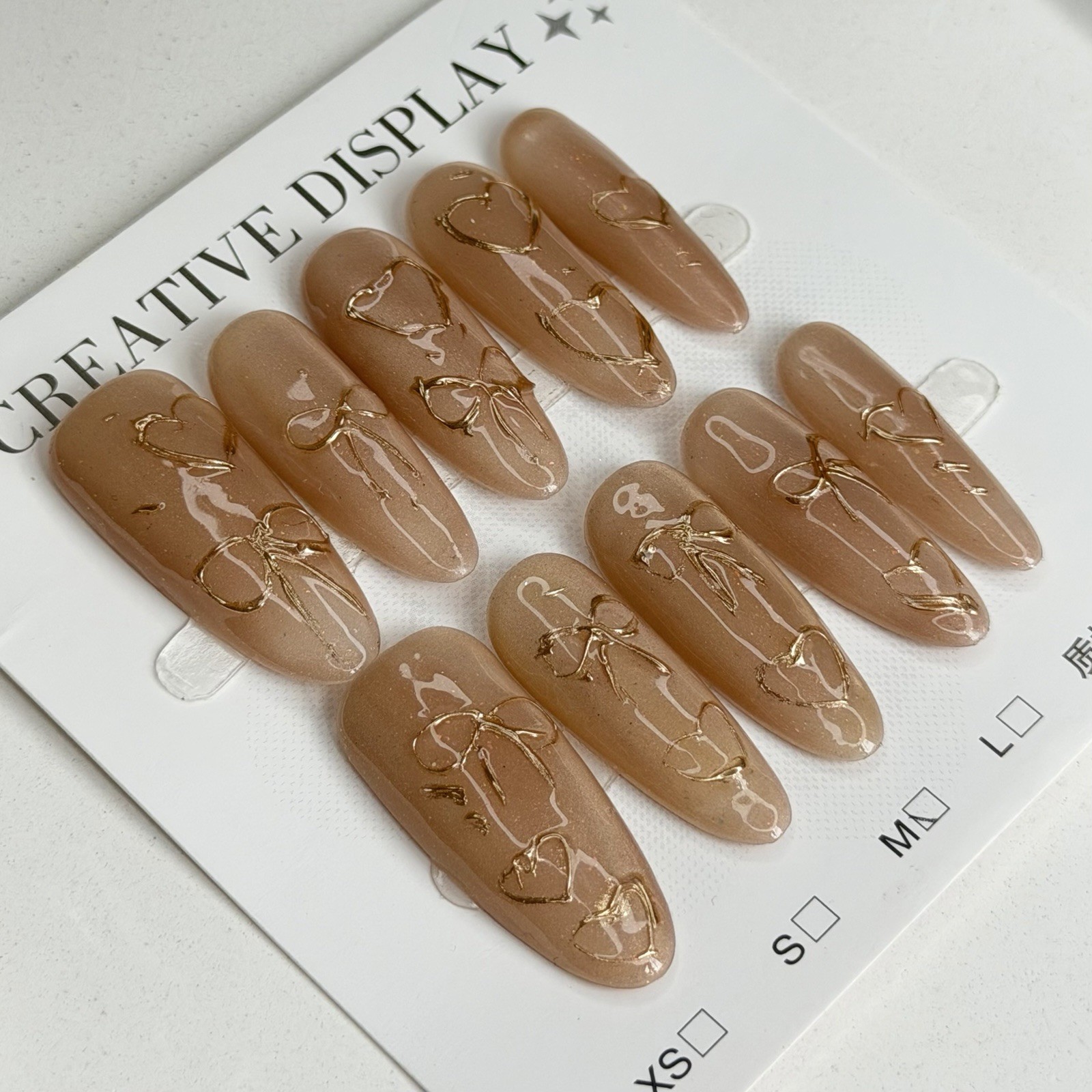 Handmade Bow And Heart Love Press-On Nails Long Oval Size M Reusable Fake Nail