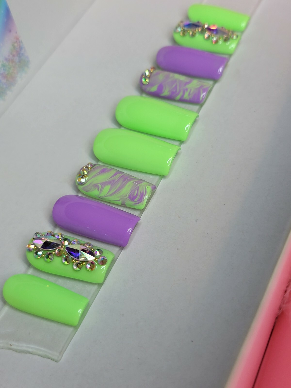 Green & purple marble bling press on nails square watercolor spring pastel nail