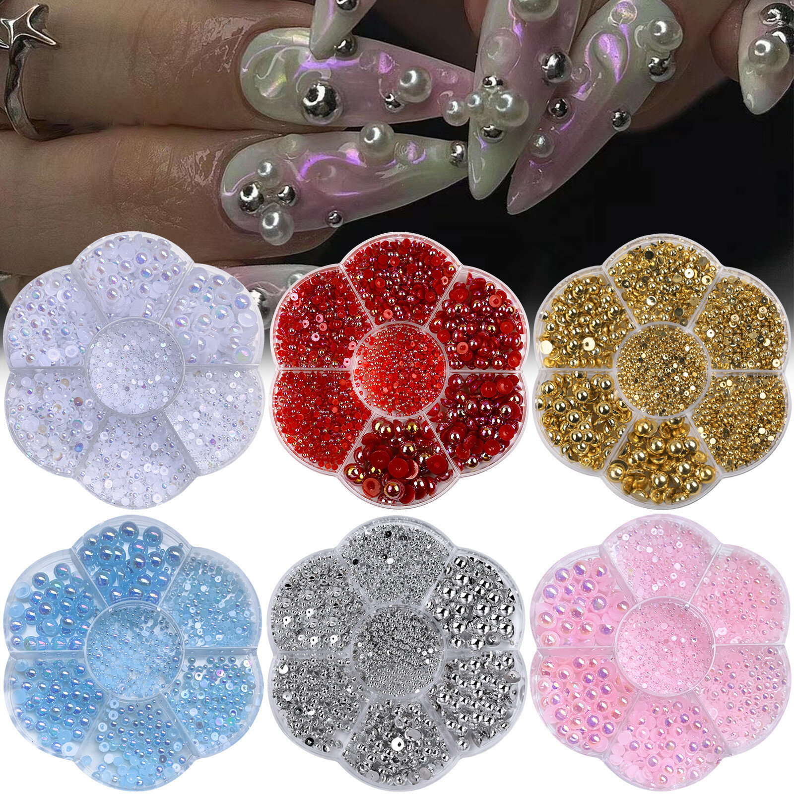 7 Grid Box 1.5mm-6mm Half Round Pearl Nail Rhinestones 3D Nail Art Design