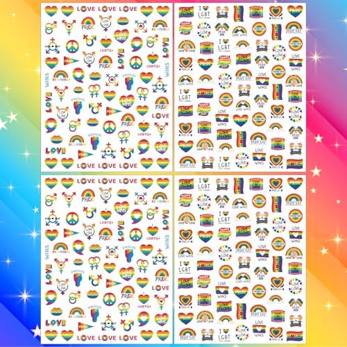 4 Sheets LGBTQ+ Pride Nail Art Stickers for Women Men Rainbow Nail Art Decals
