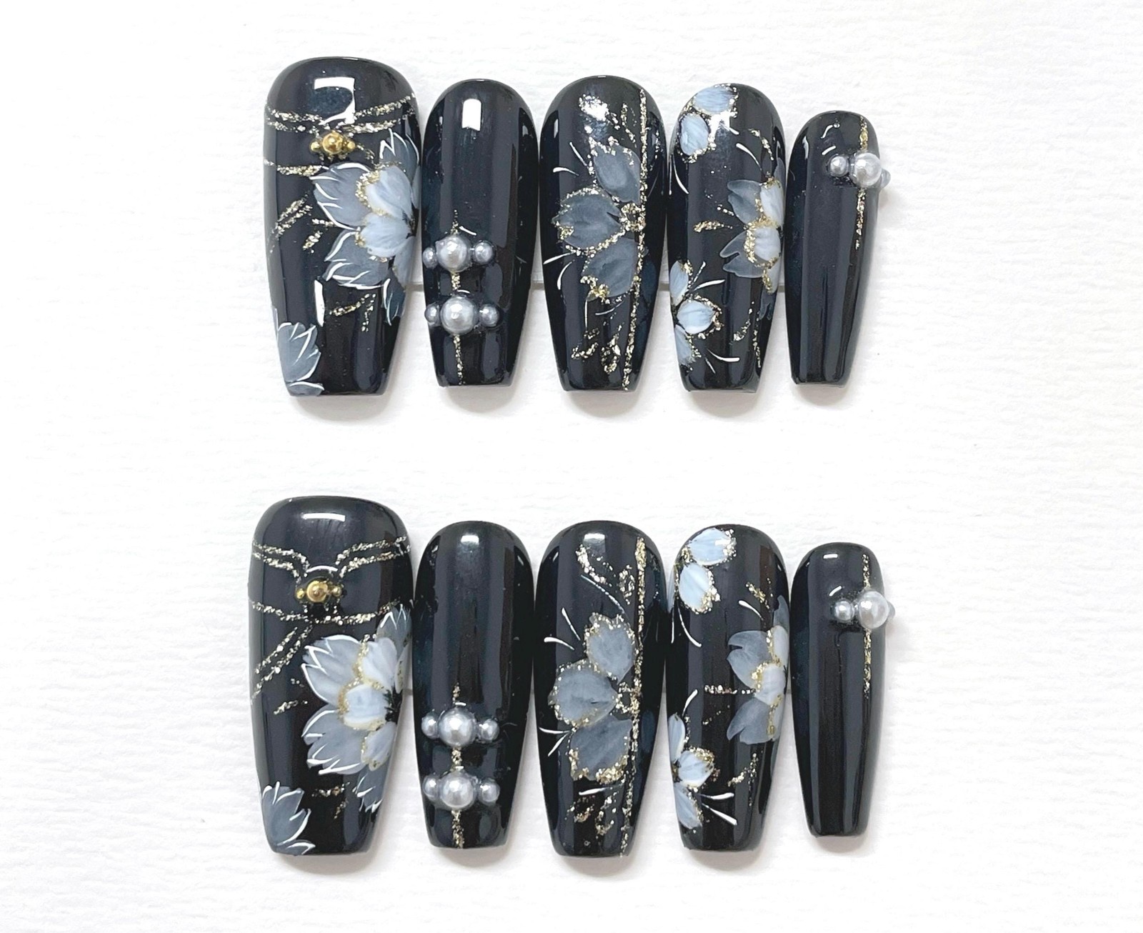Custom Pure Handmade Nails Black Base Grey Flower Gold Foil Pearl Cool Manicure