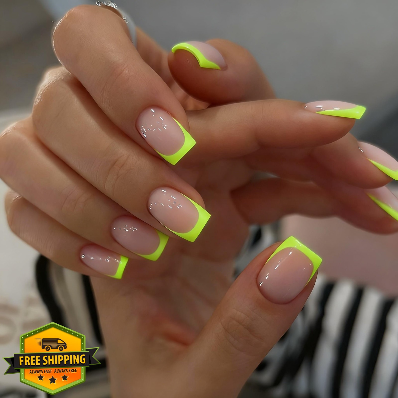 SXVME Short Square Lime Green French Tip Press on Nails Kit