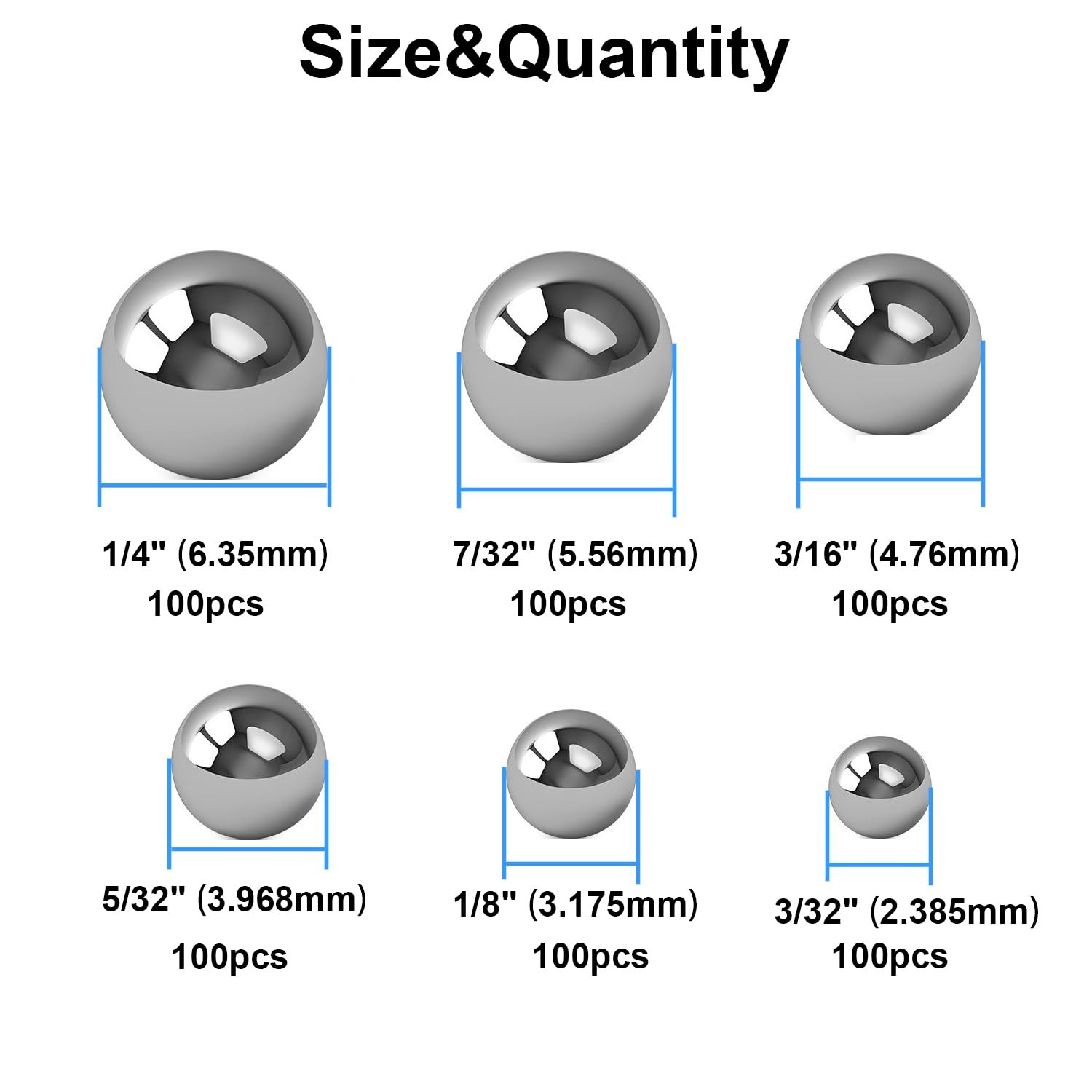 600 Piece 6 Sizes Assorted Loose Bicycle Bearing Balls 1/4″ 7/32″ 3/16″ 5/32″ 1/