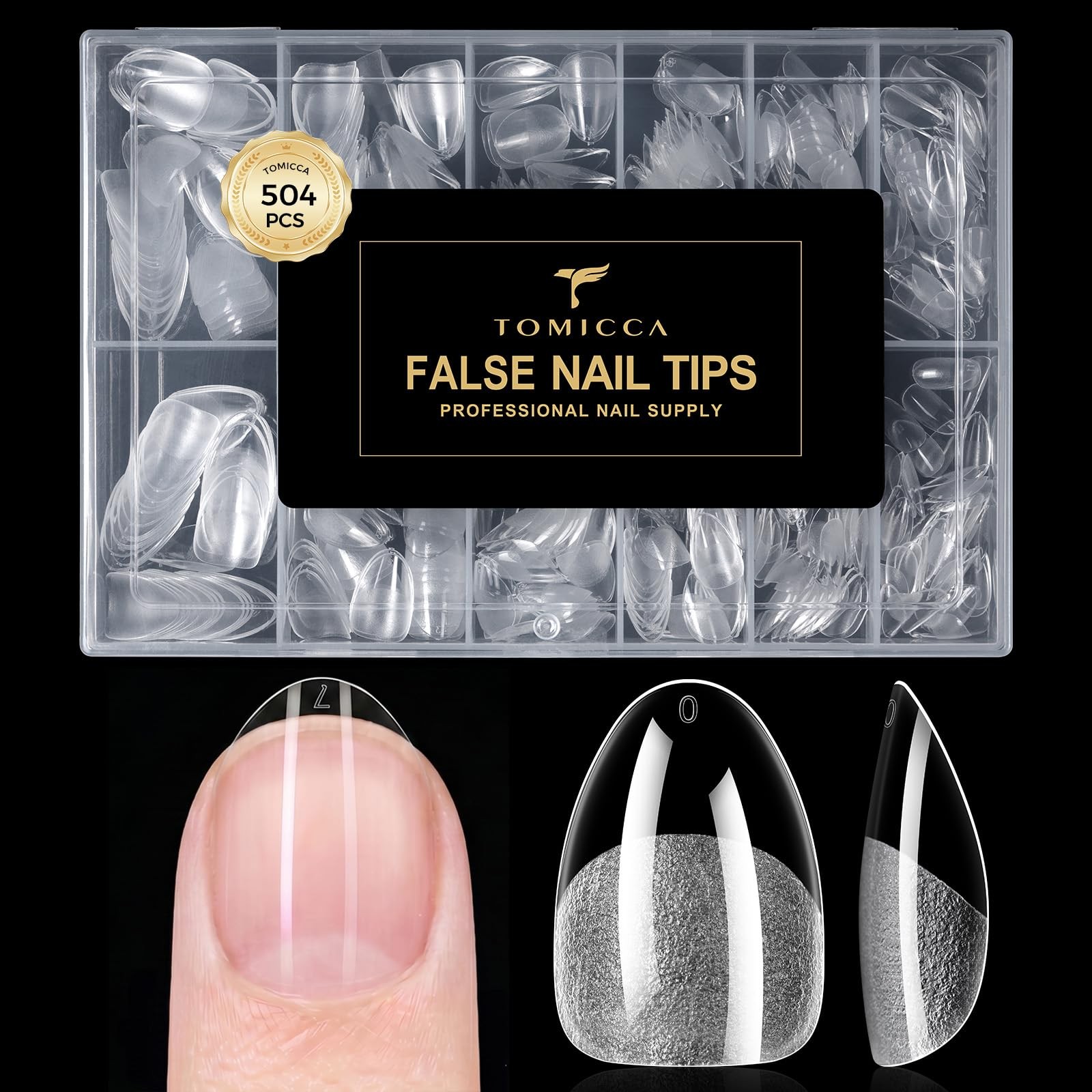 TOMICCA Extra Short Almond Nail Tips 504PCS, 12 Sizes Short Nail Tips