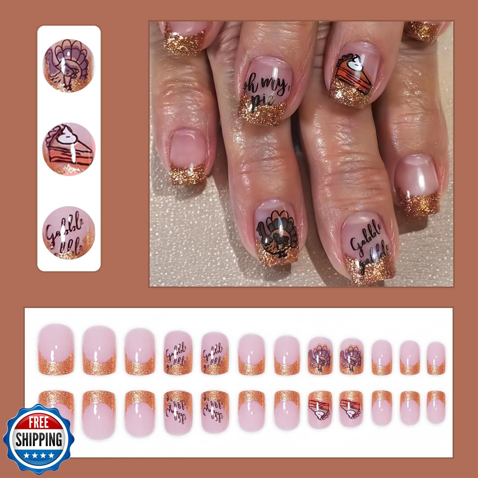 SHUXILIN Thanksgiving Press on Nails Short Square Fake Nails with Turkey Pizz