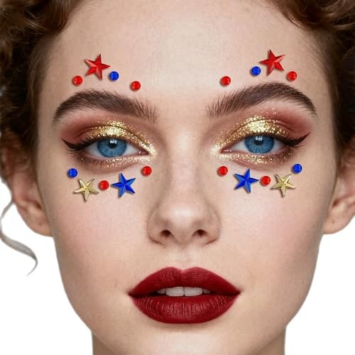 4th of July Star Face Gems, Self-Adhesive Face Jewels for Women, Red Blue star