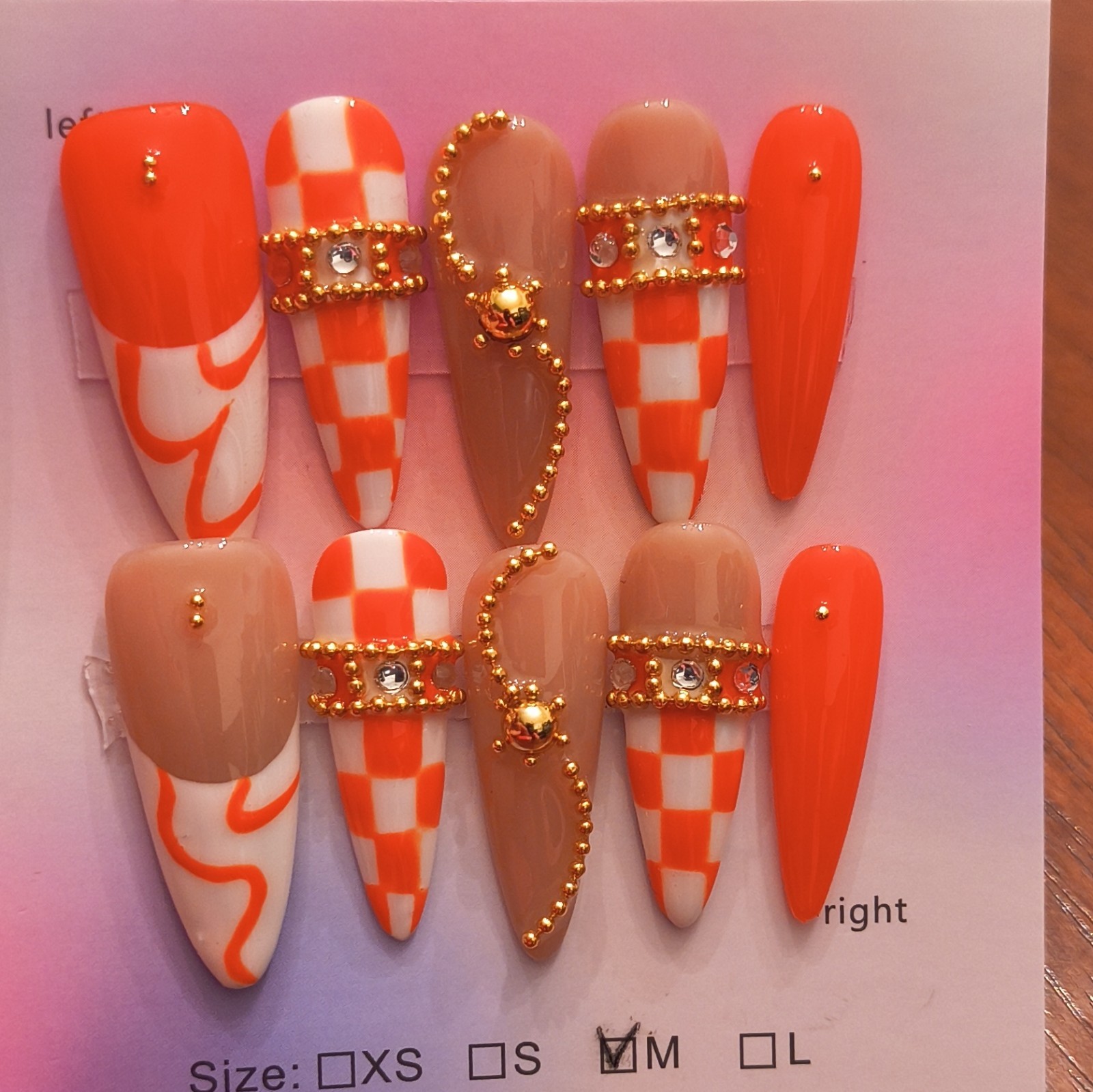 Press-On Nails Long Stiletto Orange White Nude Glossy Checkered Medium