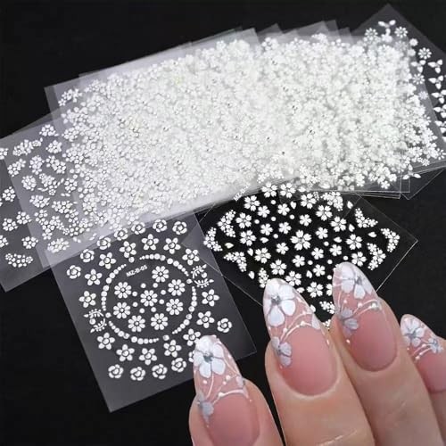 SPLOCUDU 3D White Flower Nail Art Stickers with Rhinestones – 3D Nail Decals