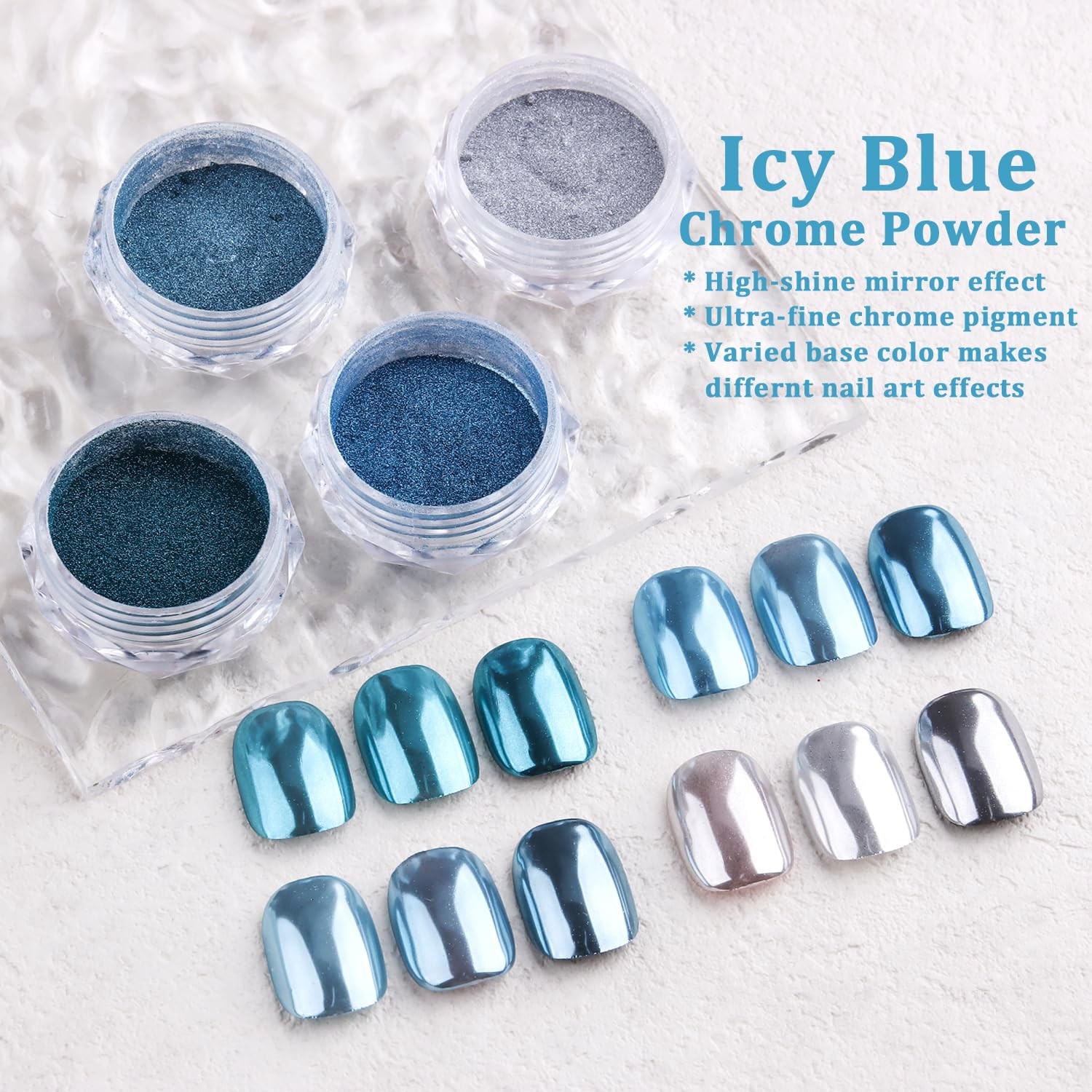 4 Colors Chrome Nail Set, Blue Silver Metallic Mirror Effect Nail Chrome Holo…