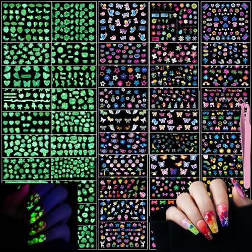 50 Sheets Glow in The Dark Nail Stickers for Kids, Girls Flower Art