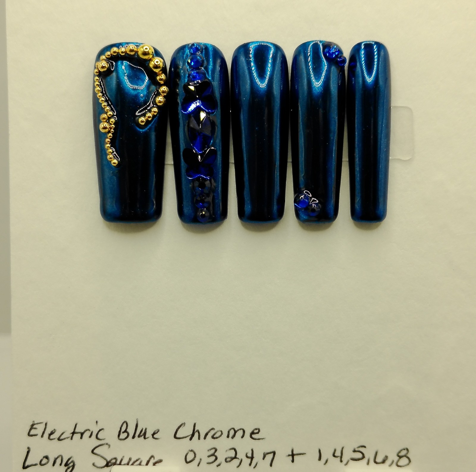 X Long Royal Blue Chrome Square Press-on Nails with Matching Gemstones – Large