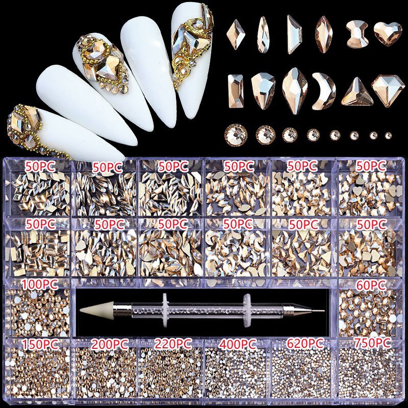 3100PCS/Boxed Luxury Rhinestone Nail Art Jewelry Set Glass Nail Crystals Box