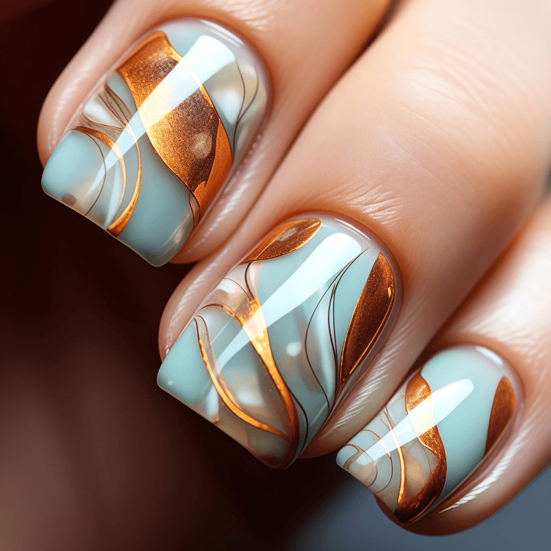 48Pcs-Short Square Mint Green Gold Marble Swirl Luxury Press on Nails