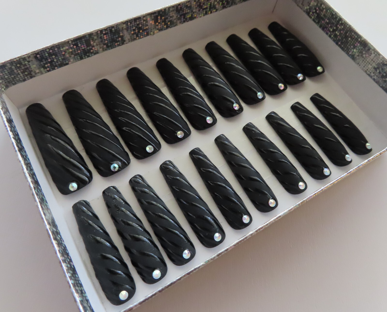 XL Black Matte Glossy Diagonal Stripe Lines Rhinestone Coffin Press On Nail