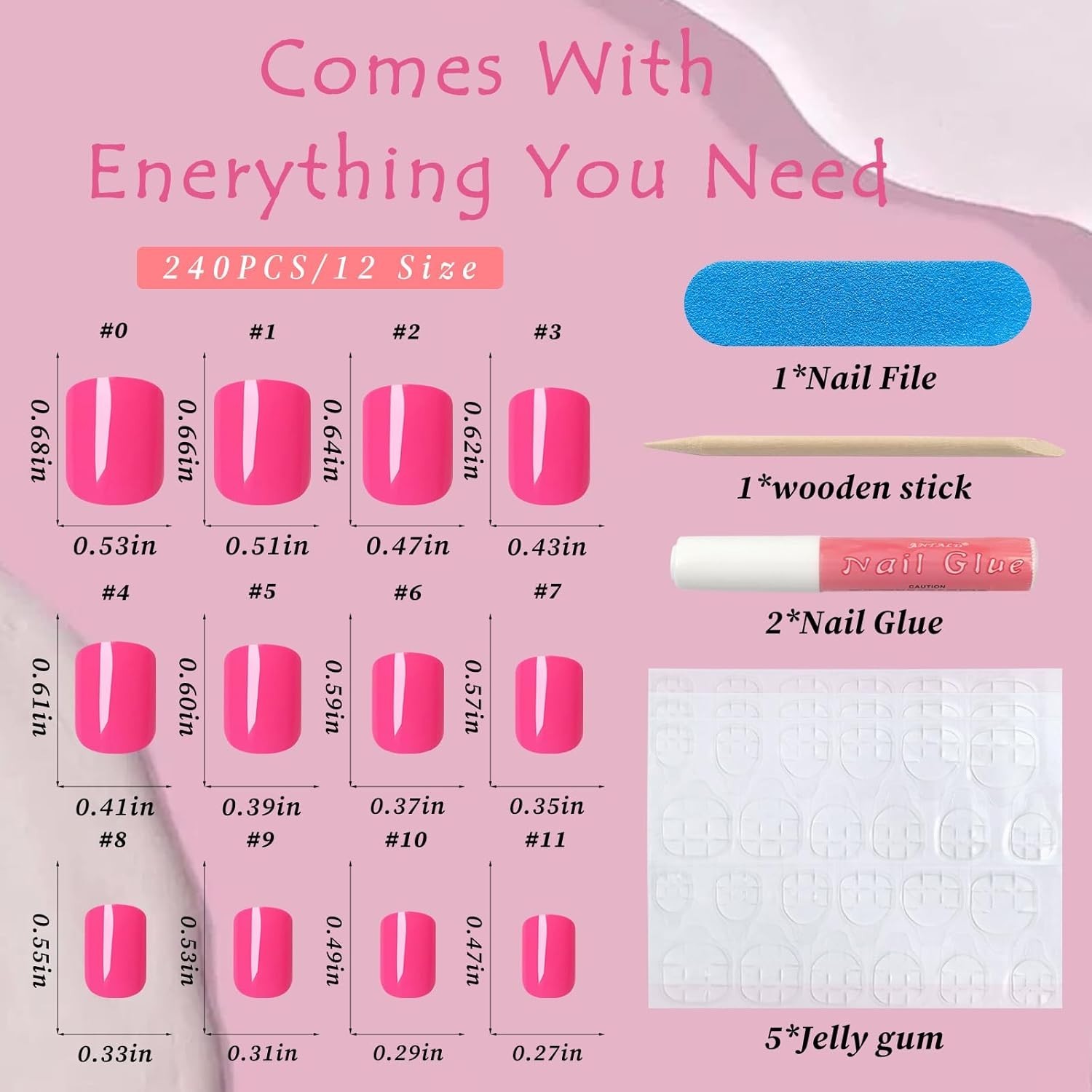 Square Press on Nails Short, 120Pcs Glossy Hot Pink Fake Nails Full Cover Acryli