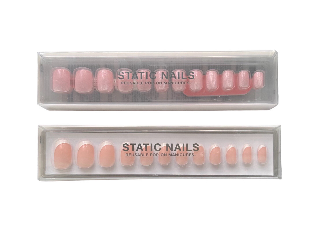 2 Sets of Static Nails in Curved Round French and Velvet Pink Square