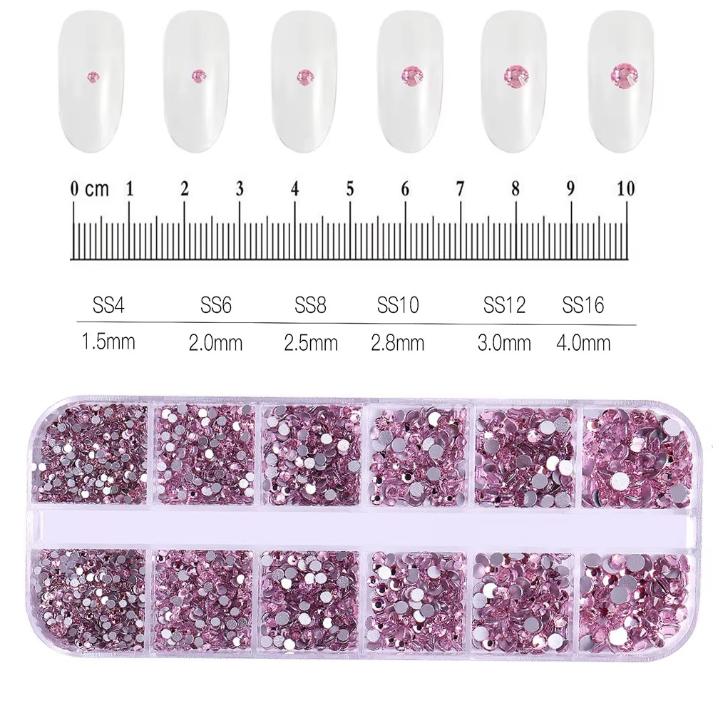 12Grids SS6-SS30 Mixed Nail Rhinestones Shiny Clear/Gold/Pink/Blue Diamond Flat-