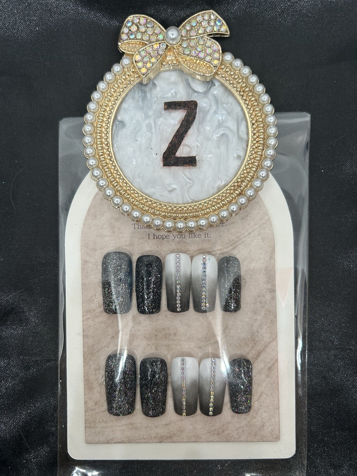 Z NAILZ! Handmade M Square Black Ombré W/Stones & Glitter Press On Nails