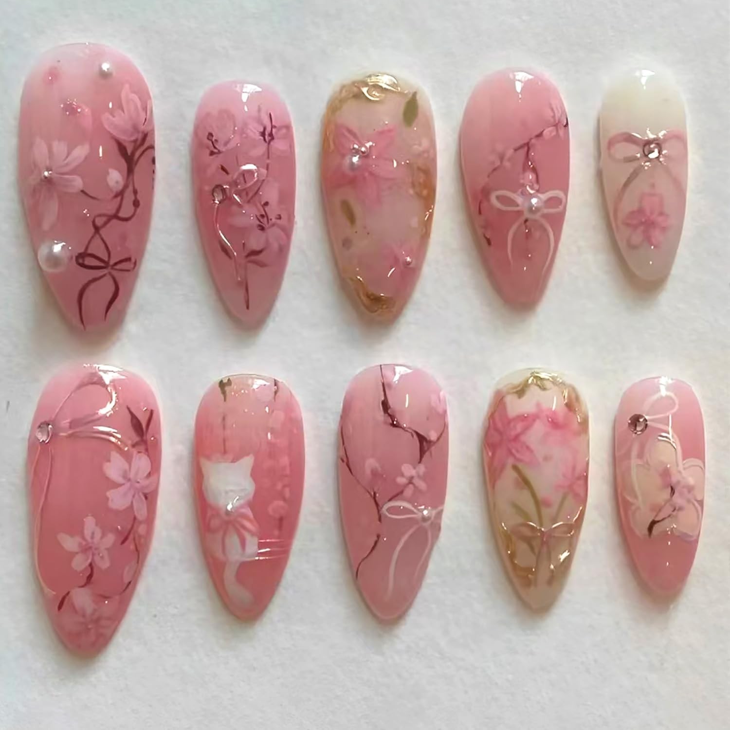 30Pcs Pink Flower Press on Nails Medium Almond 1 Ounce (Pack of 1), color