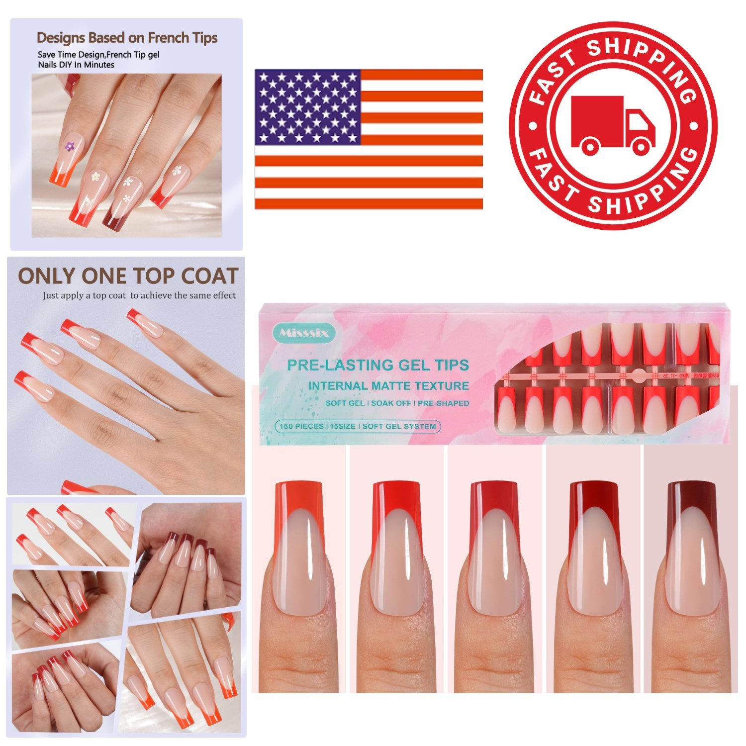 Red French Gel Nail Tips 150Pcs Long Square Soft Gel Prelasting Nail Art Set