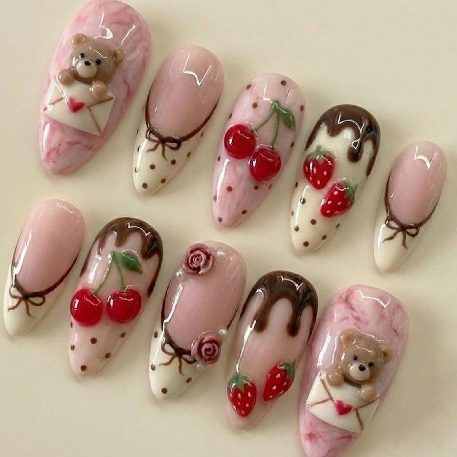 Custom Handmade Bear Cherry Strawberry Chocolate Drip Bow Almond Press on Nails