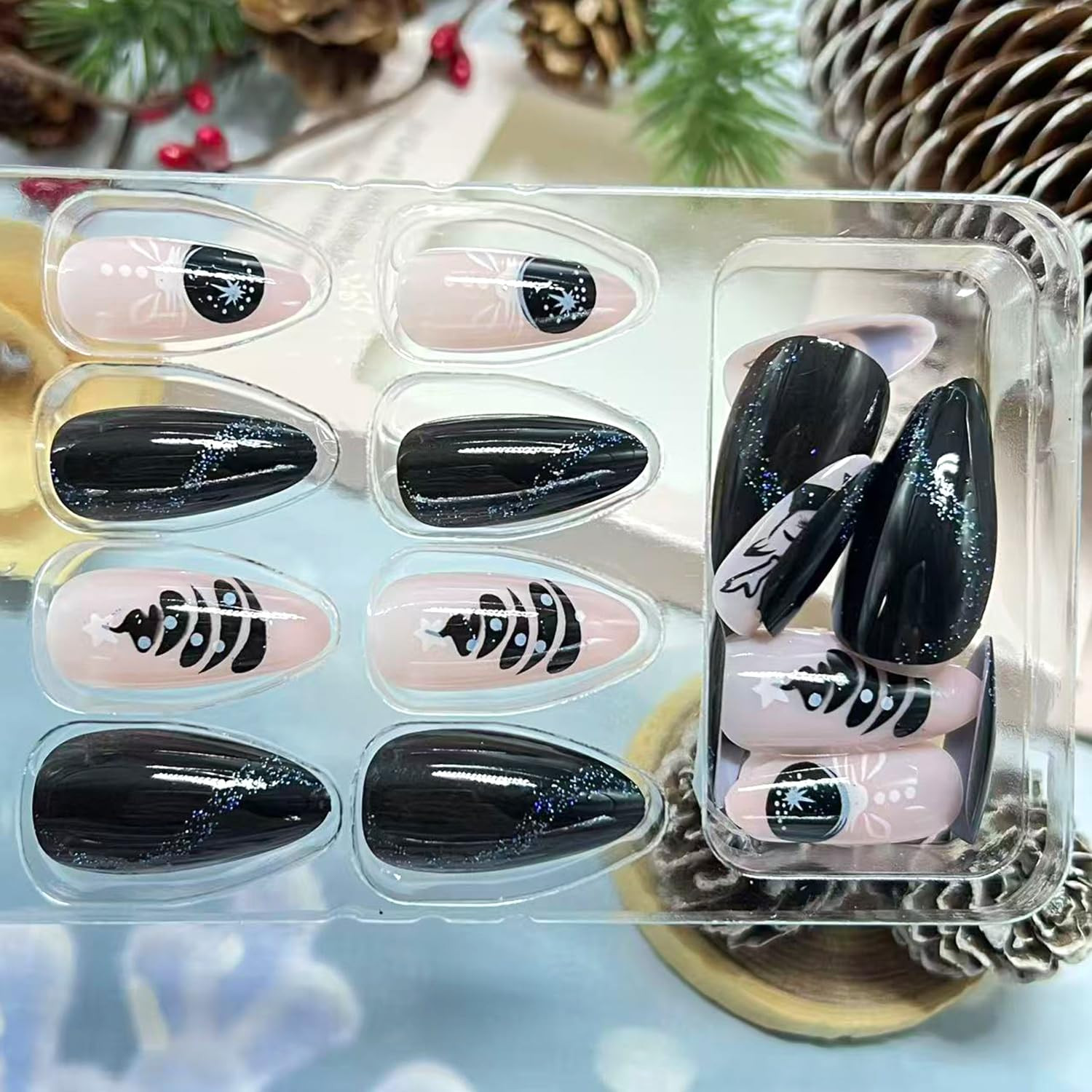 Winter Christmas Press On Nails Long Almond Glitter Snowflake Fake Nail Set