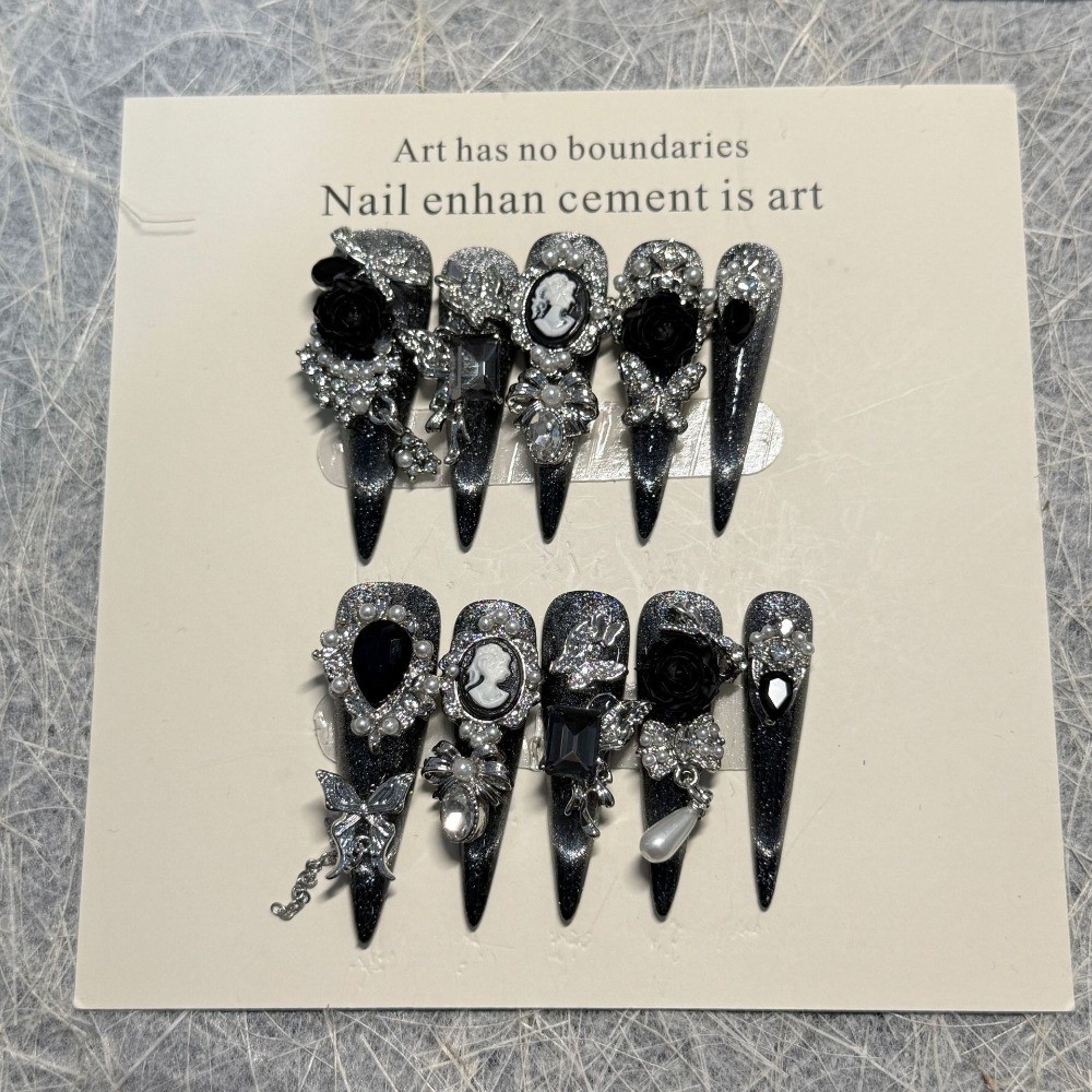 10Pcs Black Rose Cat Eye Nails Gothic Style Wedding Dinner False Nails