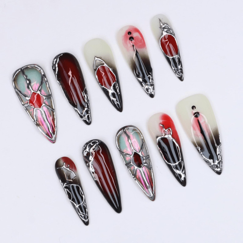 Dark Red Metal Handmade Press on Nails Silver Wire Gradient Gothic Fake Nails