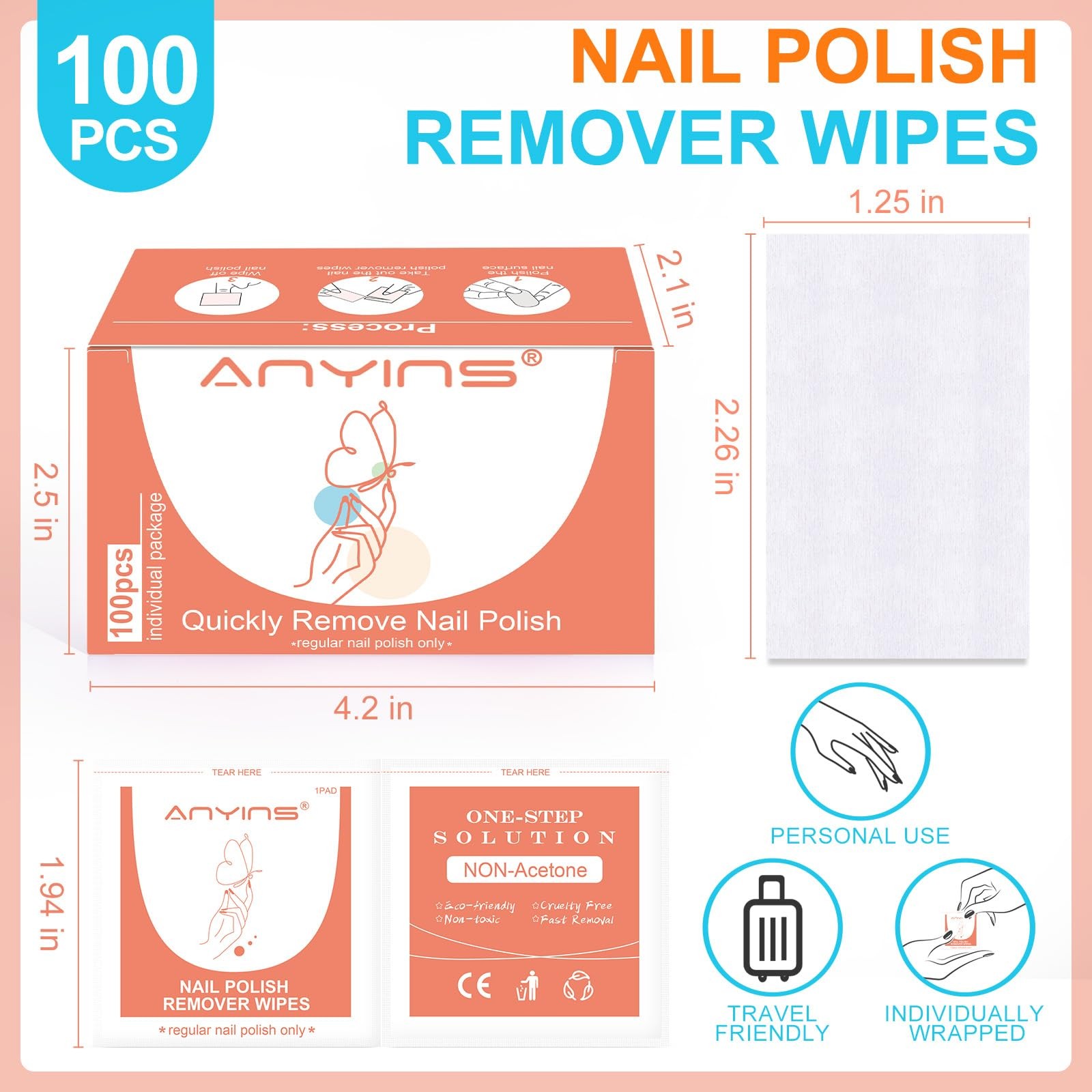 ANYINS Nail Polish Remover Pads，100PCS Wipes Fast 100PCS