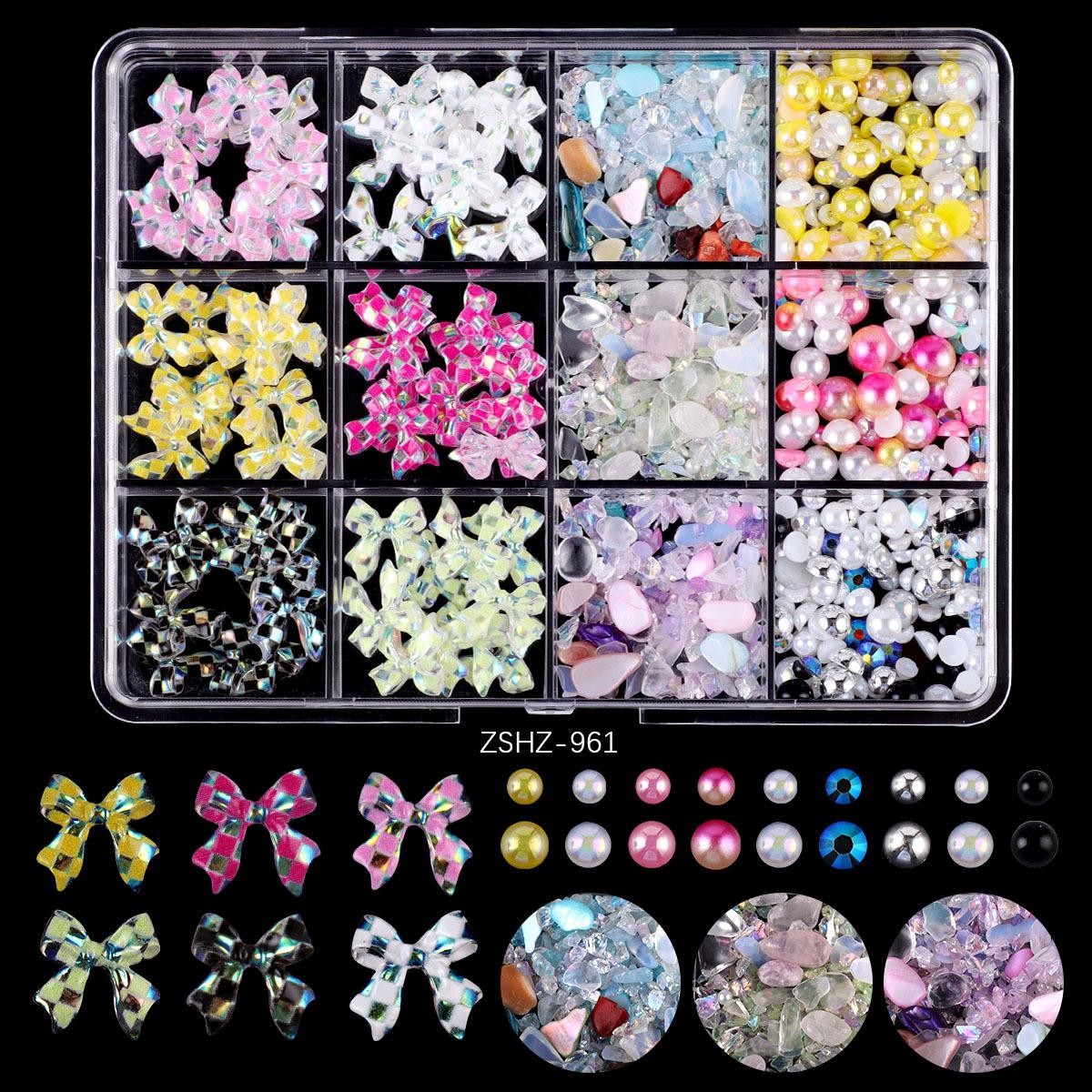 Mixed Flatback Gems & Charms Kit, Bows Flowers Alloy Resin Nail Art Storage Box