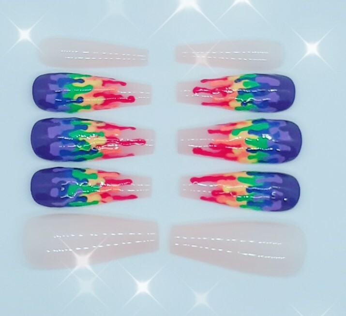 Rainbow Paint Drip Nude Vibrant Multicolor Coffin Press on Nails Set of 10