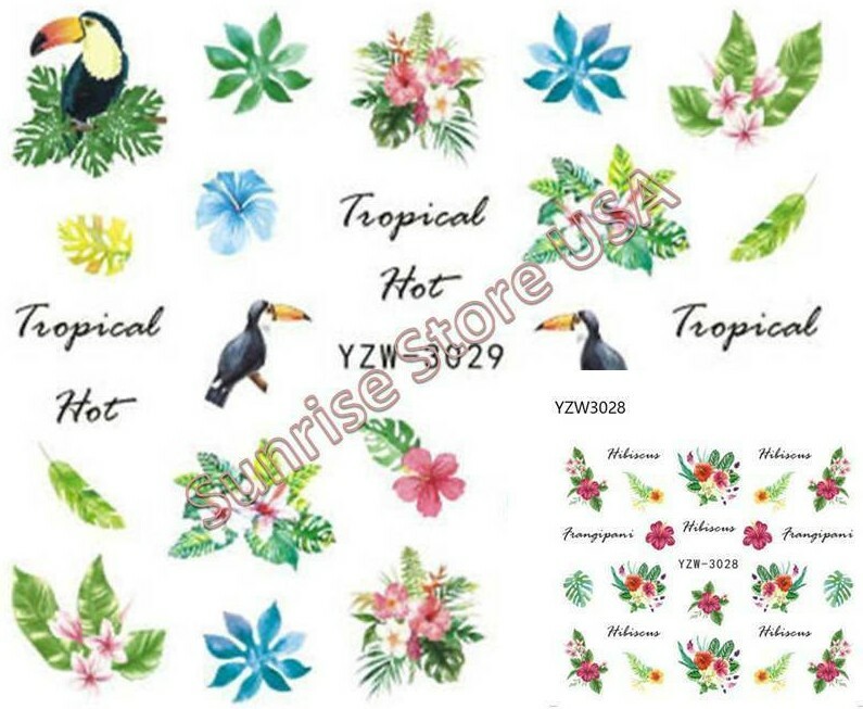 Nail Art Water Transfer Sticker Tropical Flower Hibiscus Plumeria Toucan Decals