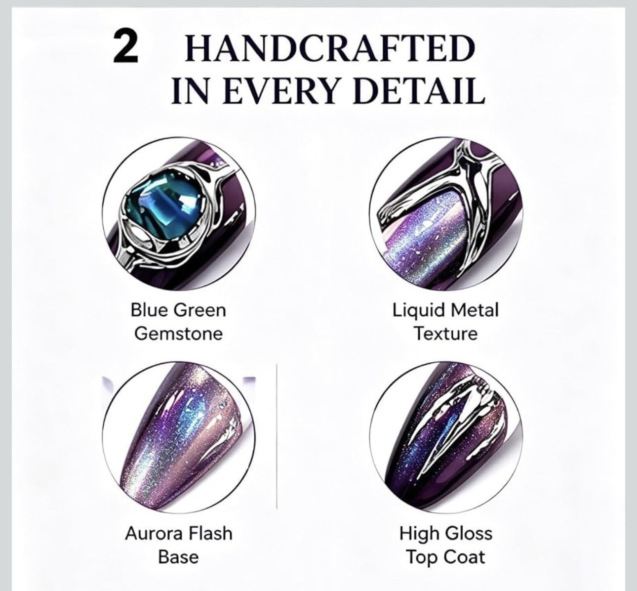 Handmade Purple Chrome Press On Nails Medium Almond Teal Gems 10Pc Reusable