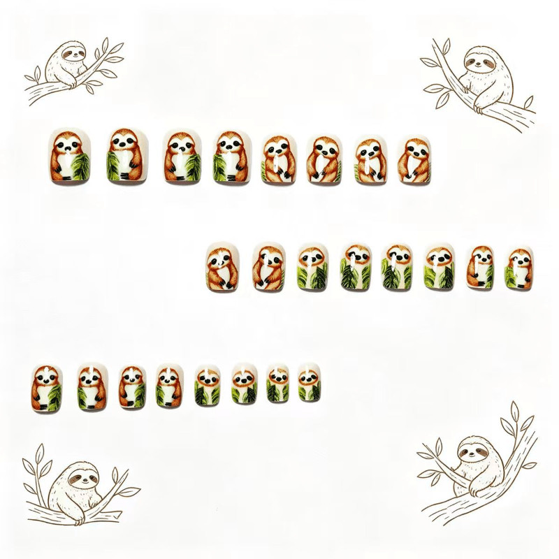 48pcs Short Square Press on Nails, Sloth Tree Leaf Hand Paint Cartoon Nails