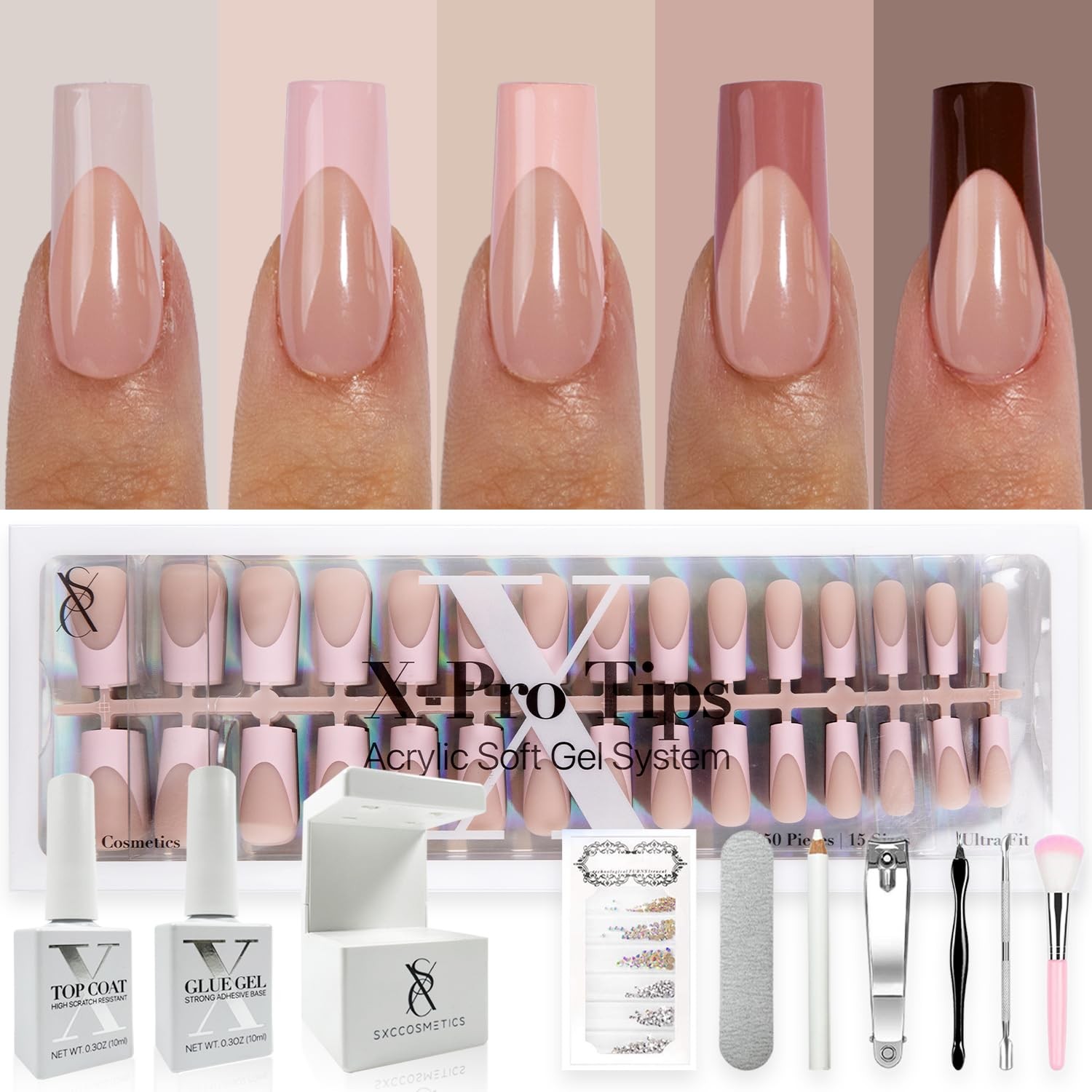 SXC Cosmetics French Tip Press On Nails – Skin Tone Nude and Color Series, Me…
