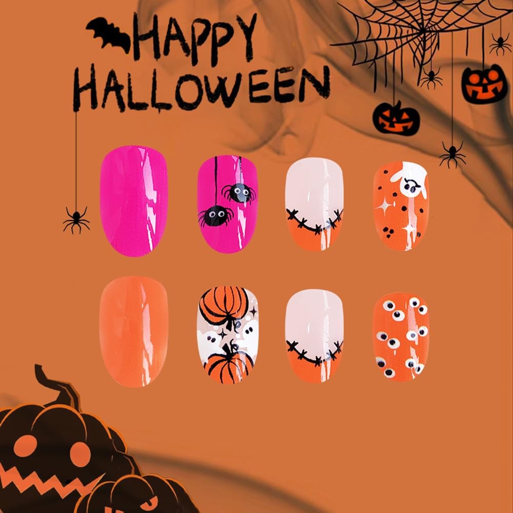 24Pcs Halloween Press on Nails French Tip Fake Nails Short Oval False Nail wi…