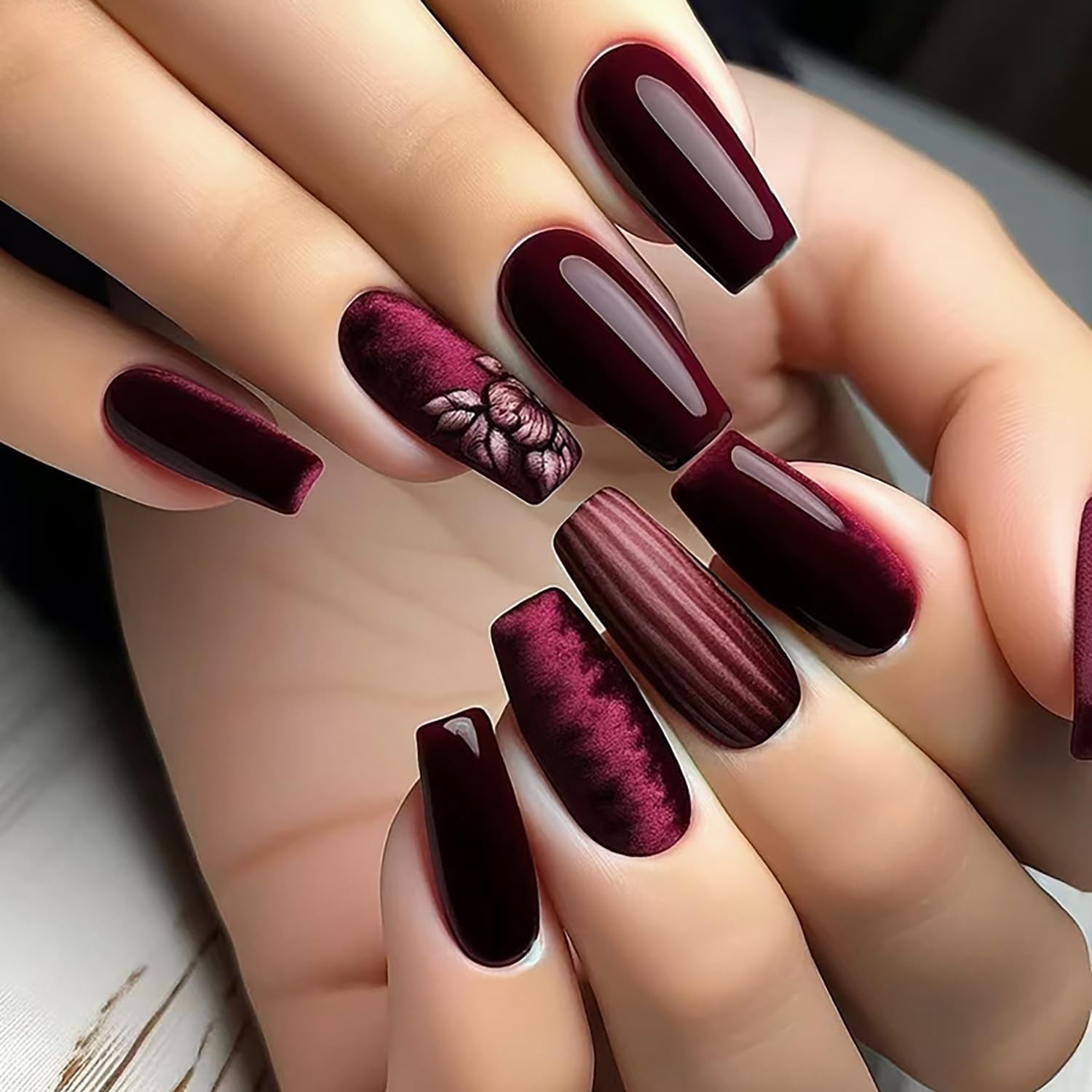 Wine Red Press on Nails Medium Length Flower 1 Fl Oz (Pack of 1), Multi