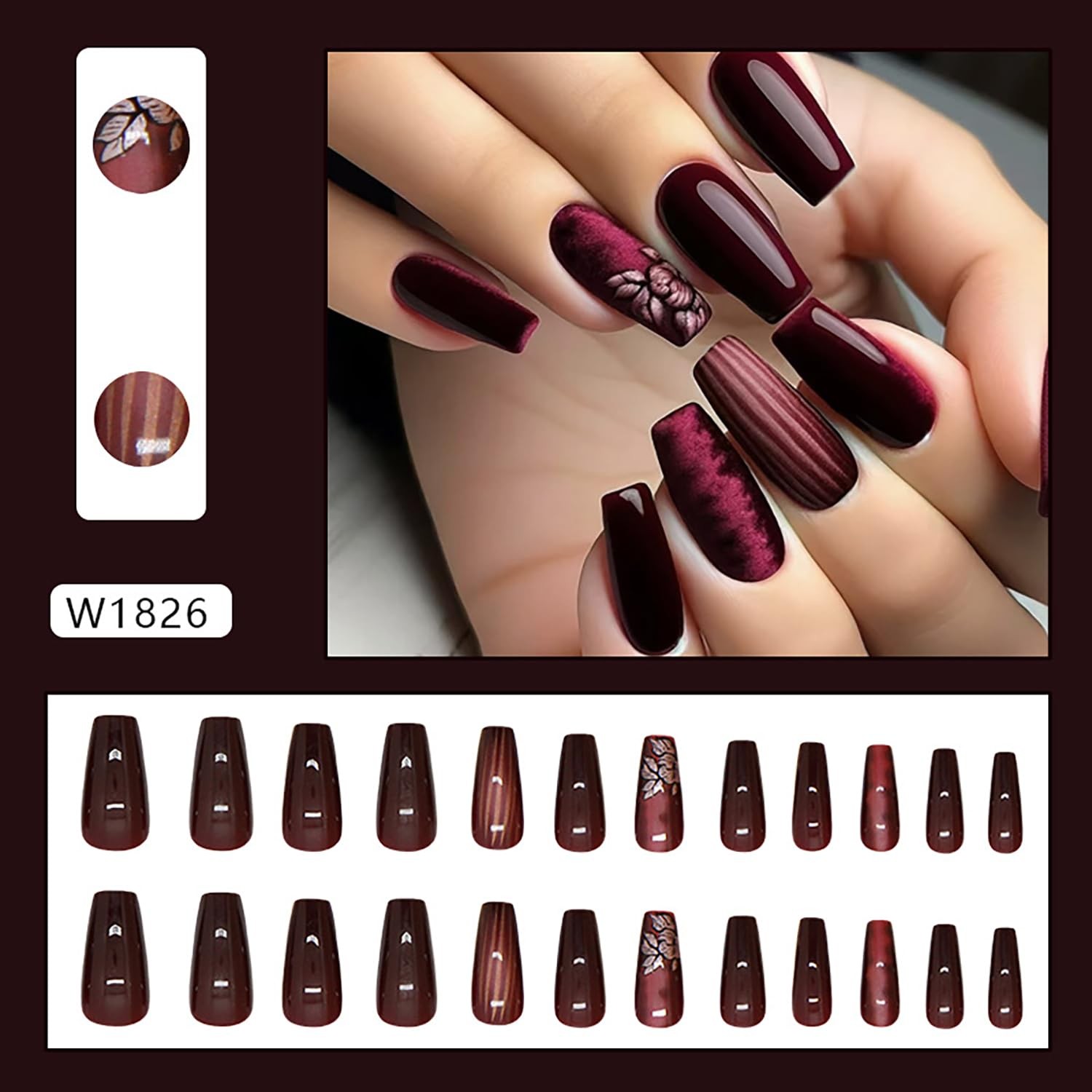 Wine Red Press on Nails Medium Length Flower 1 Fl Oz (Pack of 1), Multi