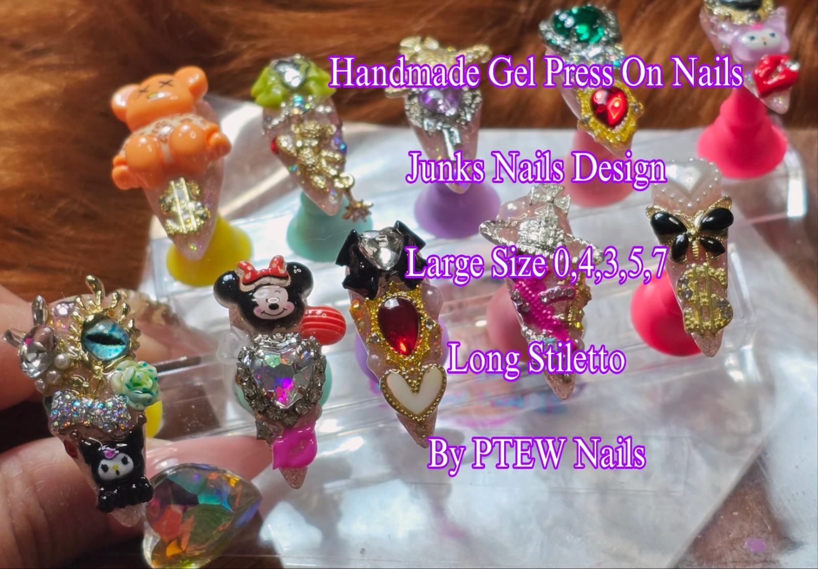 Handmade Gel Press On Nails,Junkie Nails, Large Size 0,4,3,5,7 Long Stiletto