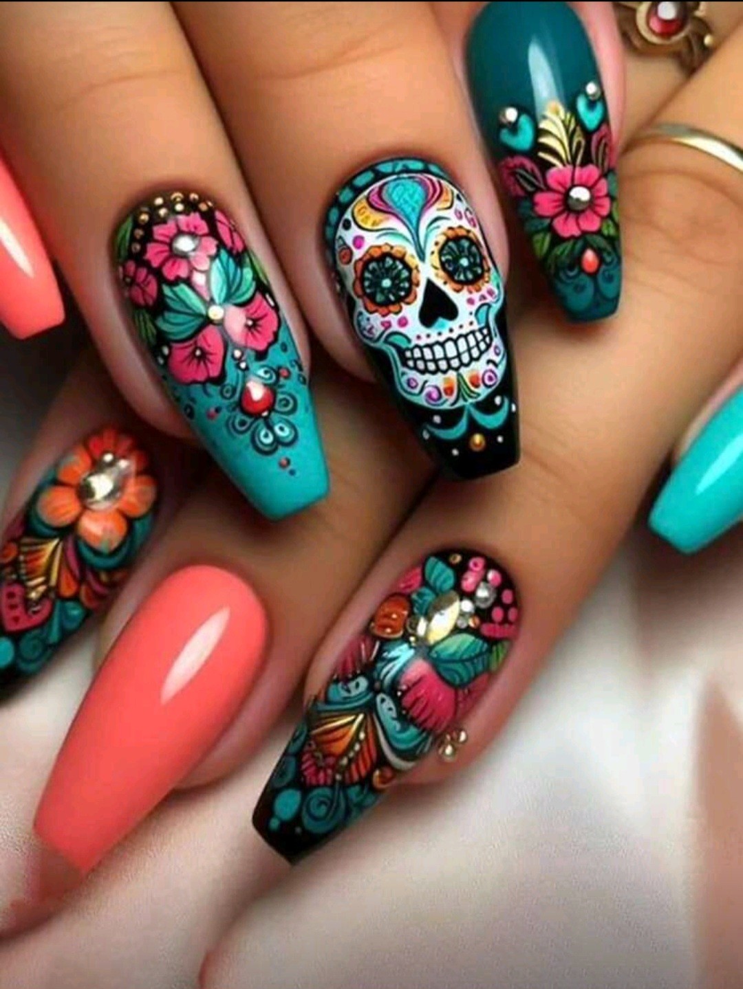 Press-On Nails Dia de los Muertos Multi-Colored Med/Long Coffin Shaped Shiny