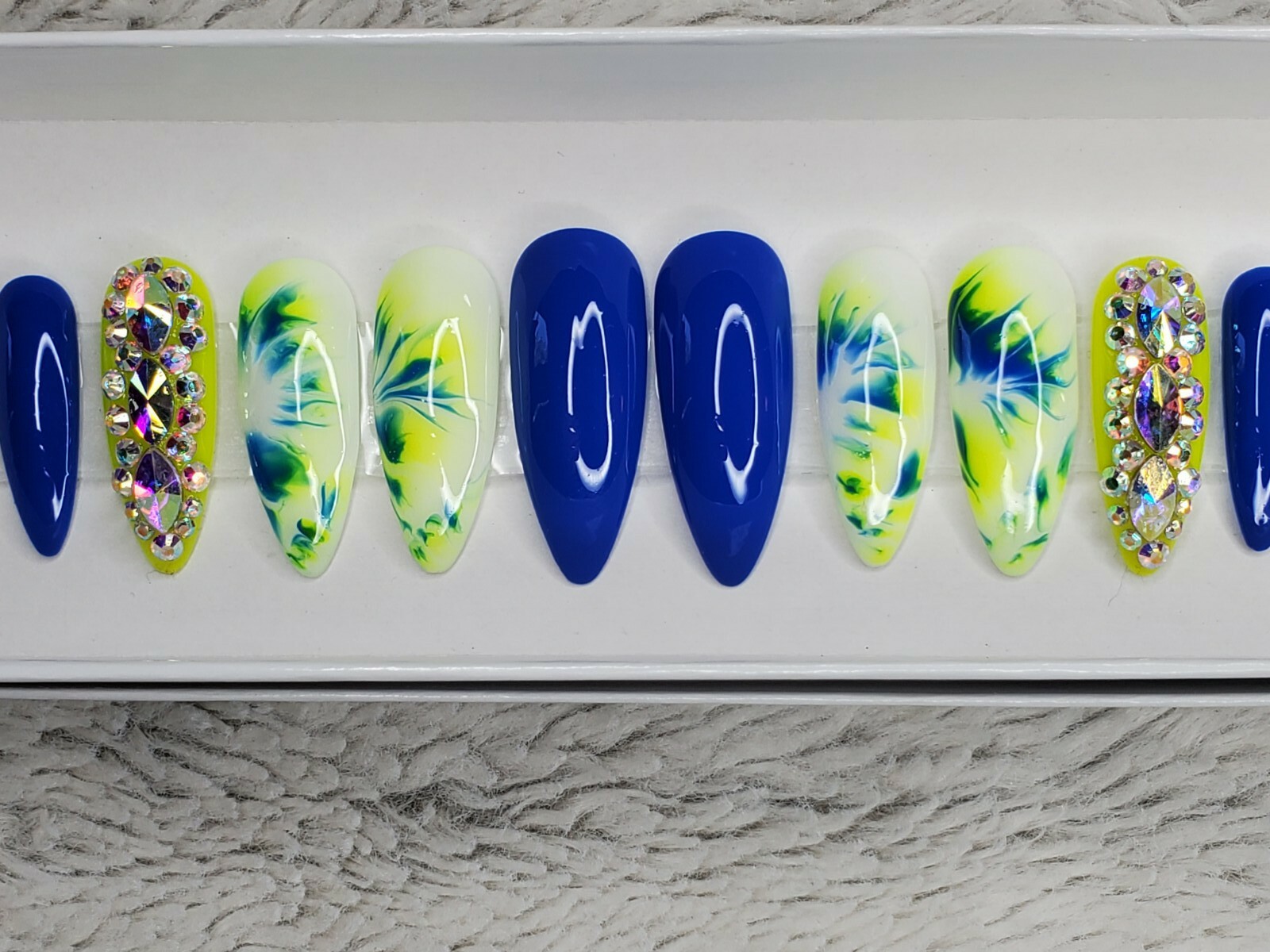 neon yellow white blue tie dye bling press on nails watercolor stiletto crystals