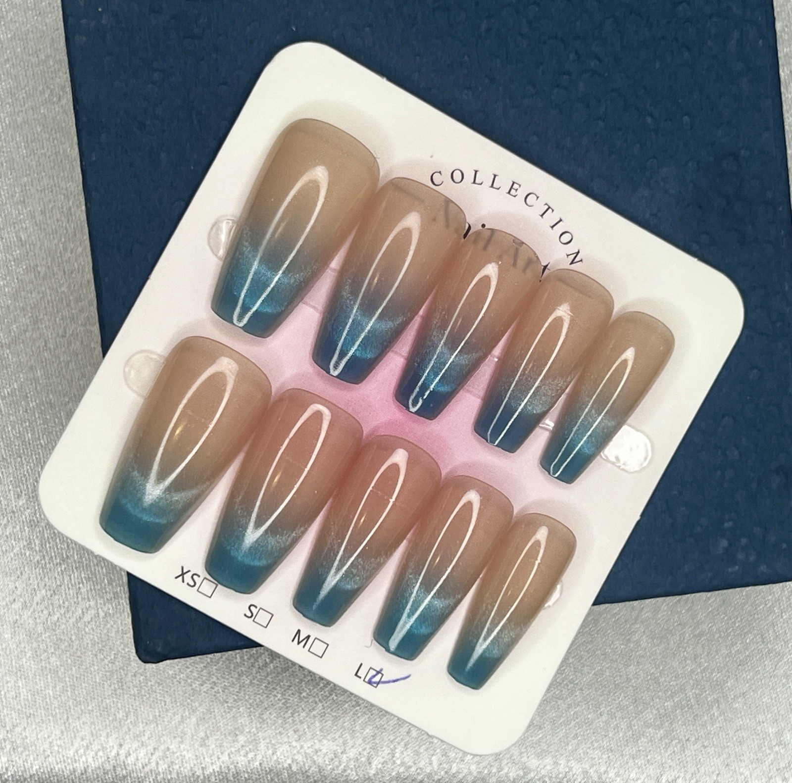 Long Coffin Blue Nude White Ombre Press-On Nails, Pre-Designed Full Cover size L