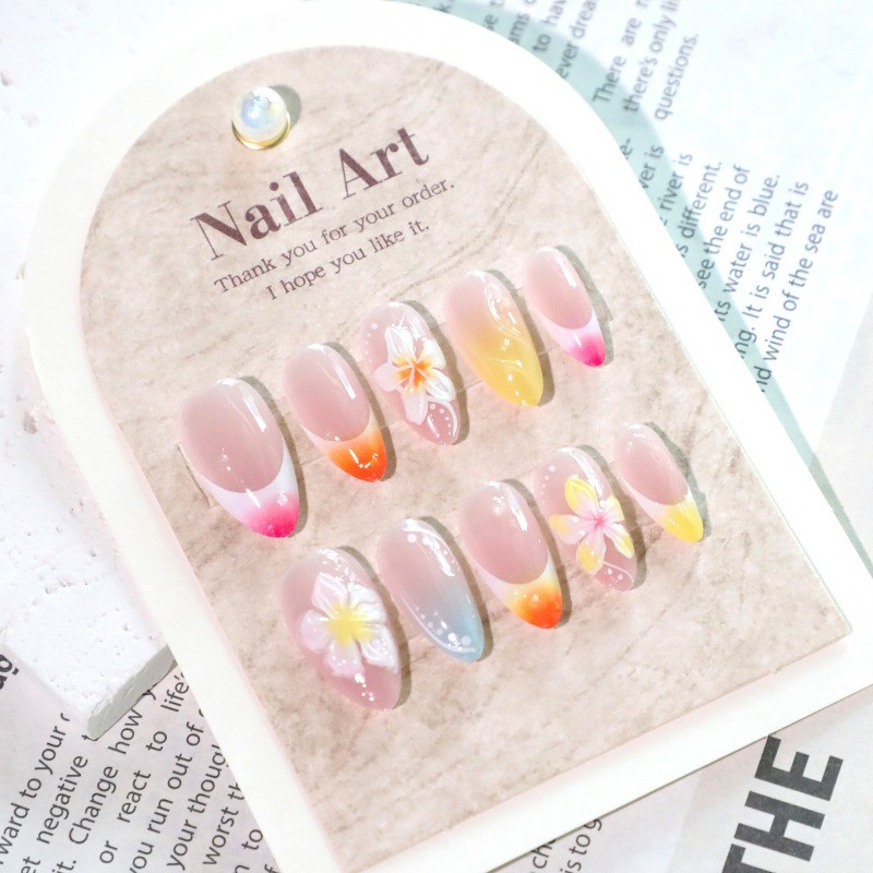 48Pcs-Gradient Orange Blue 3D Plumeria Almond Press on Nails Summer Fake Nails
