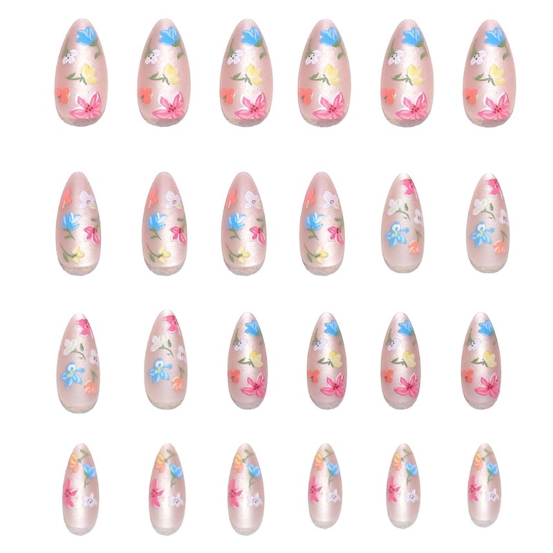 24Pcs Almond Artificial Nail With 3D Floral Effect And Cats Eye Detail