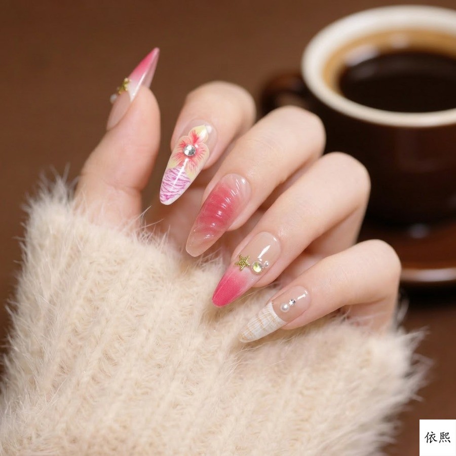 Press on Nail – Pink White Gradient, Mid To Long Vacation Nail, 48 Piece Set