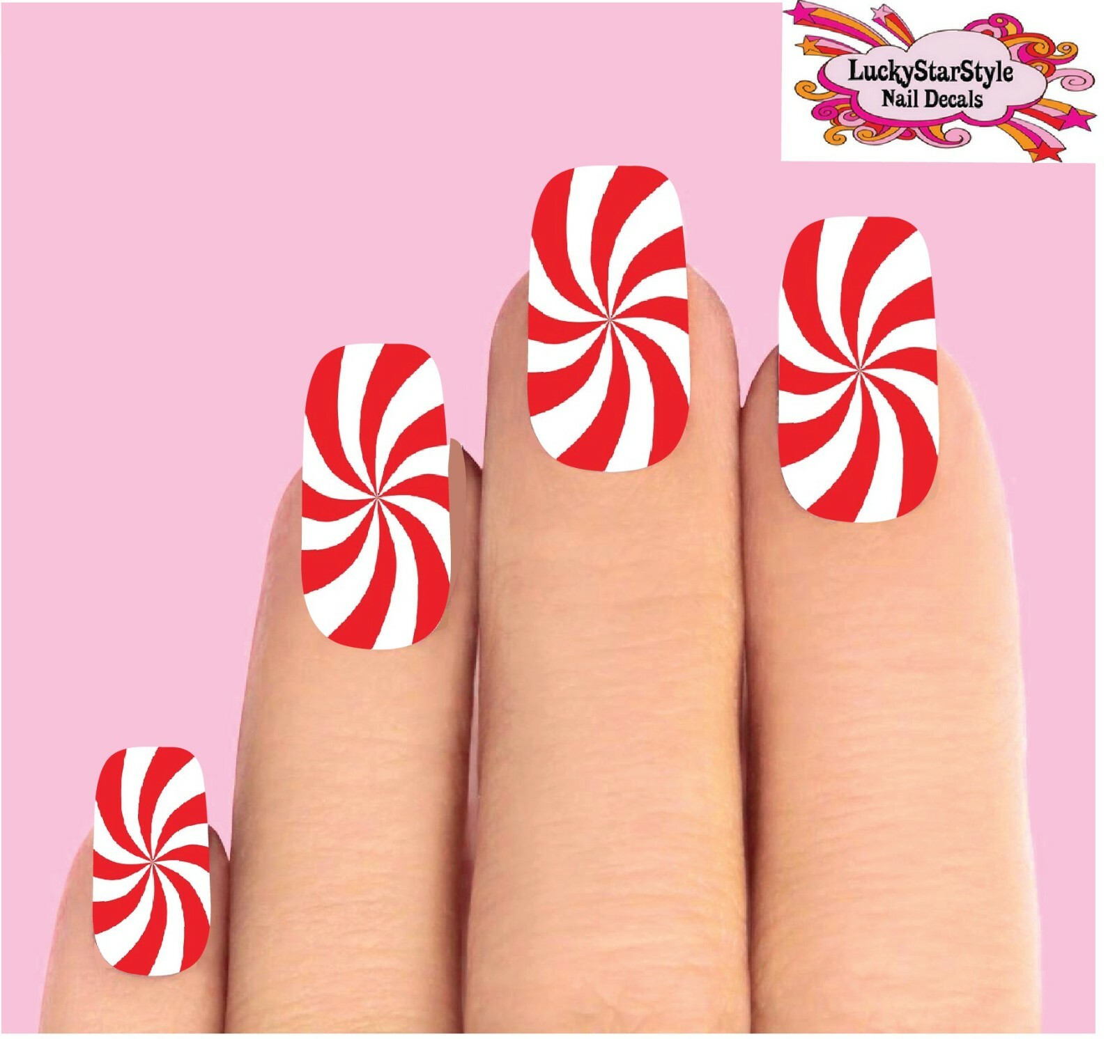 Waterslide Full Nail Decals Set of 10 – Candy Cane Peppermint Swirl Red & Clear