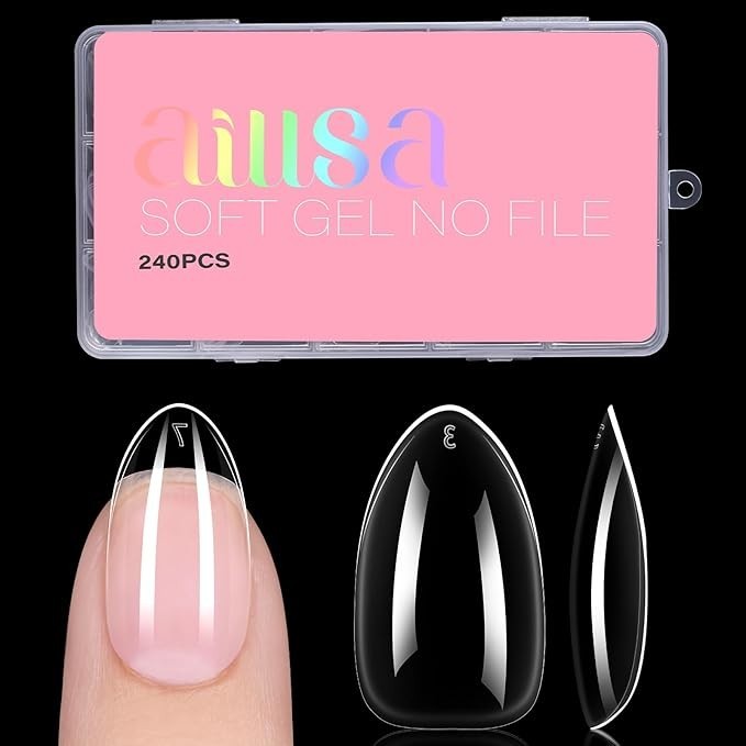 Short Almond Nail Tips, 15 Sizes 240PCS Preshaped Soft Clear Gel Nails Tips Full